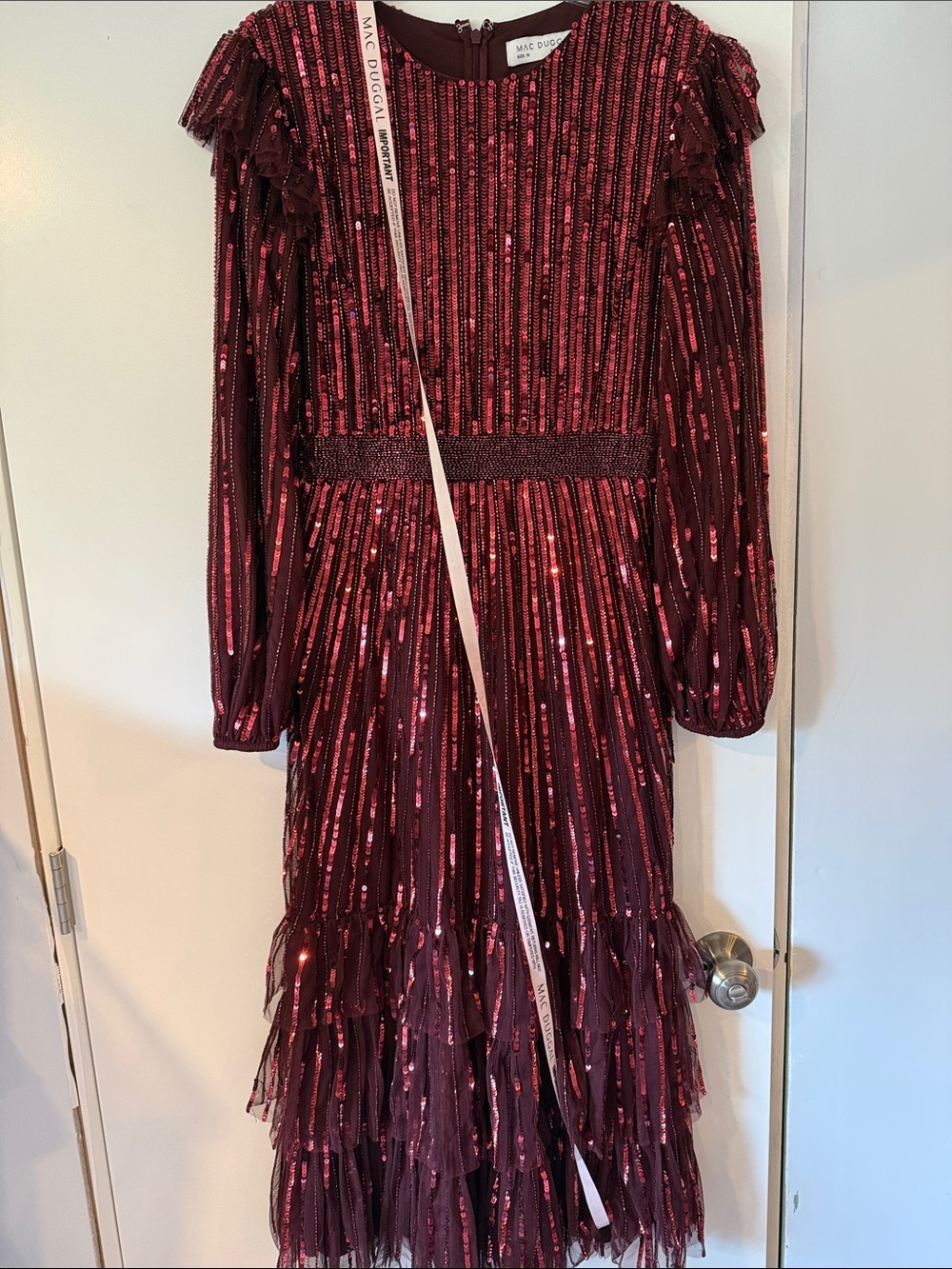 Mac Duggal Burgundy Sequin Tiered Midi Dress Sz 10 NWT - Picture 6 of 6